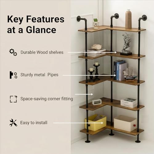 DOFURNILIM Industrial Pipe Corner Bookshelf, Wall Wooden Bookcase with Open Shelves, L Shaped Ladder Pipe Pantry Shelving for Living Room, Bedroom, Home, Office, 5 Tiers DOFURNILIM