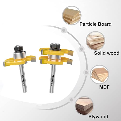 Newdeli Tongue and Groove Router Bit Set 1/4 Inch Shank - 2pcs Router Bits for 3/4" Stock, 1/2" Cutting Depth - T Shape 3 Teeth Wood Milling Cutter - WoodArtSupply