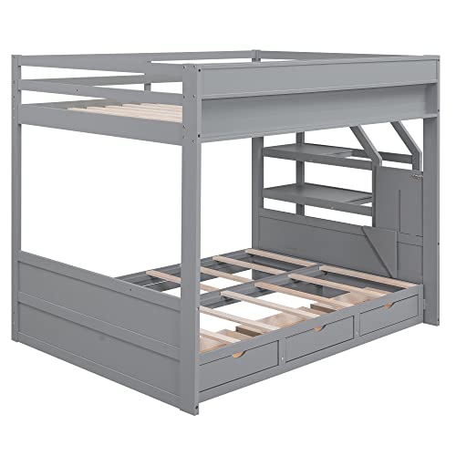 P PURLOVE Full Size Futon Bunk Bed with Storage,Full Over Full Futon Bunk Bed with Storage Staircase,Convertible Bed Frame with Bedside Table,can be Converted into Daybed P PURLOVE