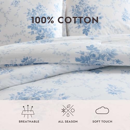 Laura Ashley - Twin Duvet Cover Set, Plain Weave Cotton Bedding with Matching Sham, Button Closure, Lightweight for Year Round Use, Dorm Essentials, Oeko-Tex Certified (Sophia Blue) Laura Ashley