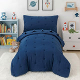 DreLunis 4-Piece Toddler Bedding Set for Boys Navy Blue Embroidery Kids Comforter Sets Soft Breathable Toddler Bed-in-a-Bag Includes Comforter, Flat Sheet, Fitted Sheet, Pillowcase DreLunis