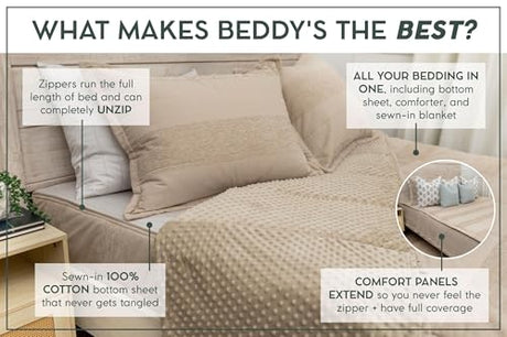 Beddy's All in One Bed in a Bag Zipper Bedding Set, Bottom Sheet, Cuddle Blanket, Comforter, Pillowcase(s) & Sham(s), Minky Interior Sheets with Comforter, Zip Bedding for Dorms, Bunks, Kids & Adults Beddy's