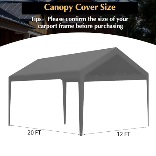 Carport Replacement Canopy, Replacement Top Cover for 12' x 20' Carport Frame, 180G PE Fabric Waterproof & UV Protected Tarp with Ball Bungees, Grey (Only Top Cover, Frame is not Included) Vanteriam