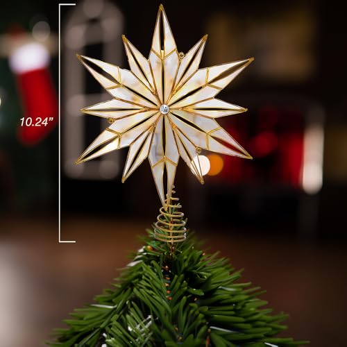 Kurt S. Adler Kurt Adler 10-Light 12-Point Capiz Star and Center Gem Treetop, 10.24in, Gold, White Kurt S. Adler