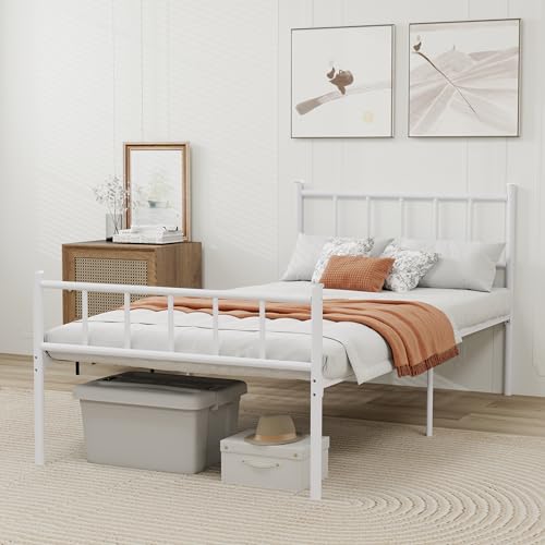 WJORATA Metal Platform Twin Bed Frame with Headboard Sturdy Steel Slats Support No Box Spring Needed Easy Assembly White WJORATA