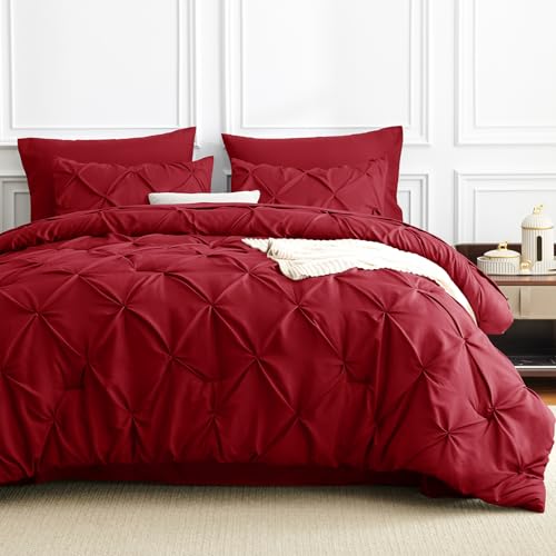 CozyLux King Size Comforter Set Dark Red, 7 Pieces Pintuck Bed in A Bag Red Comforter King Size, Pinch Pleat Bedding Set with All Season Comforter, Sheets, Pillowcases & Shams CozyLux