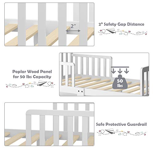 Costzon Toddler Bed, Classic Wood Kids Bed Frame w/Double Safety Guardrail, Low to Floor Design, Wooden Slat Support, Fits Full Size Crib Mattress, Bedroom Furniture for Boys & Girls (White) - WoodArtSupply