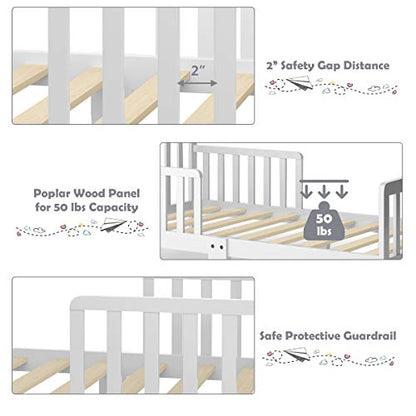 Costzon Toddler Bed, Classic Wood Kids Bed Frame w/Double Safety Guardrail, Low to Floor Design, Wooden Slat Support, Fits Full Size Crib Mattress, Bedroom Furniture for Boys & Girls (White) - WoodArtSupply