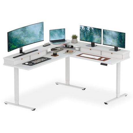 SANODESK 71" L Shaped Standing Desk with 4 Drawers, Height Adjustable Stand up Desk, Corner Gaming Desk with Monitor Stand, White Frame/White Top SANODESK