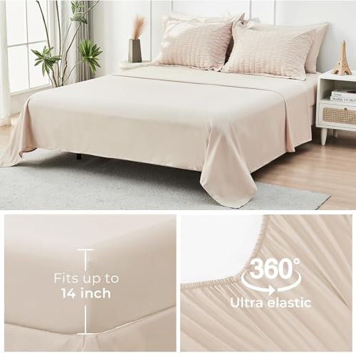 HYMOKEGE Beige King Size Comforter Set Seersucker 7 Pieces, All Season Luxury Bed in a Bag for Bedroom, Bedding Set with Comforters, Sheets, Pillowcases & Shams HYMOKEGE
