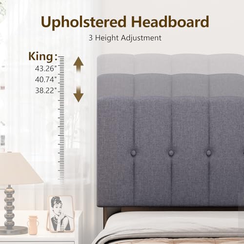 DUMOS King Size Bed Frame - Fabric Upholstered Platform Bed with Headboard, 800LBS Sturdy Wooden Slats Support, No Box Spring Needed, Noise Free, Easy Assembly, Grey DUMOS