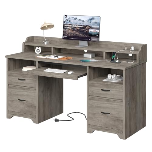 Bestier Farmhouse 59" Executive Desk with Drawers, Wood Computer Desk with Charging Station, Home Office Desk with Keyboard Tray & Monitor Stand, Sturdy Pedestal Desk for Work Study, Grey Bestier