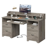 Bestier Farmhouse 59" Executive Desk with Drawers, Wood Computer Desk with Charging Station, Home Office Desk with Keyboard Tray & Monitor Stand, Sturdy Pedestal Desk for Work Study, Grey Bestier