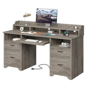Bestier Farmhouse 59" Executive Desk with Drawers, Wood Computer Desk with Charging Station, Home Office Desk with Keyboard Tray & Monitor Stand, Sturdy Pedestal Desk for Work Study, Grey Bestier