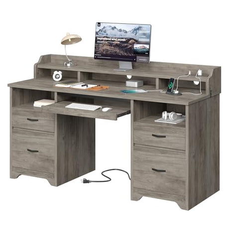 Bestier Farmhouse 59" Executive Desk with Drawers, Wood Computer Desk with Charging Station, Home Office Desk with Keyboard Tray & Monitor Stand, Sturdy Pedestal Desk for Work Study, Grey Bestier