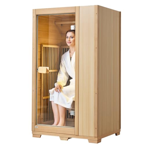 VEVOR Far Infrared Wooden Sauna, Room Home Sauna Spa for One Person, 1140W Low EMF Far Infrared Hemlock Wood Sauna with Tempered Glass Door & LED Reading Lamp & Bluetooth Speakers, 35 * 29 * 64 Inch