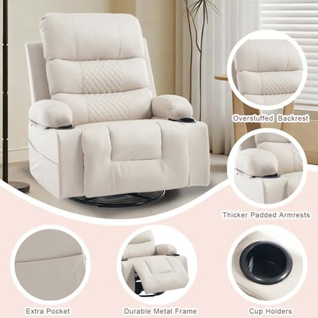 KCQ Rocker Recliner Chair with Heat and Massage, Oversized Manual Recliner Chair with Cup Holder, Faux Leather Swivel Rocking Recliner Glider Chair for Nursery, Beige KCQ