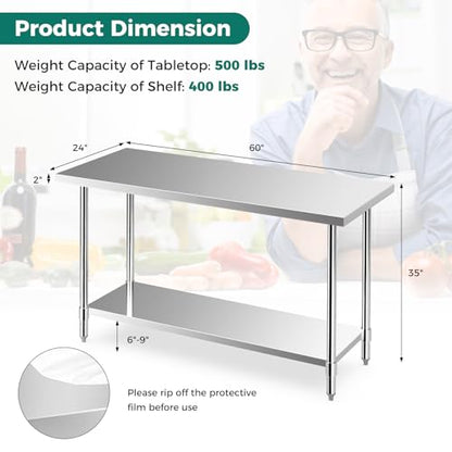 Toolsempire Stainless Steel Table, 60" x 24" Prep Table with Adjustable Under Shelf & 4 Galvanized Table Feet, Steel Table Kitchen Work Table for - WoodArtSupply