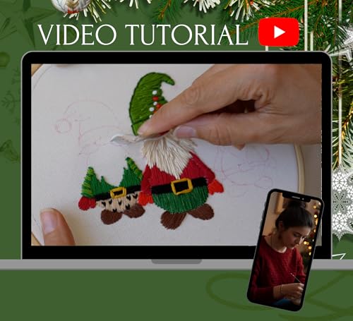 Looples Embroidery Kit for Beginners and Adults with Video Tutorials – DIY Starter Kit with 3 Stamped Floral Patterns, Hoops, Threads, Needles, and Instructions (Gnomes, Ornaments & Holiday Wreath)