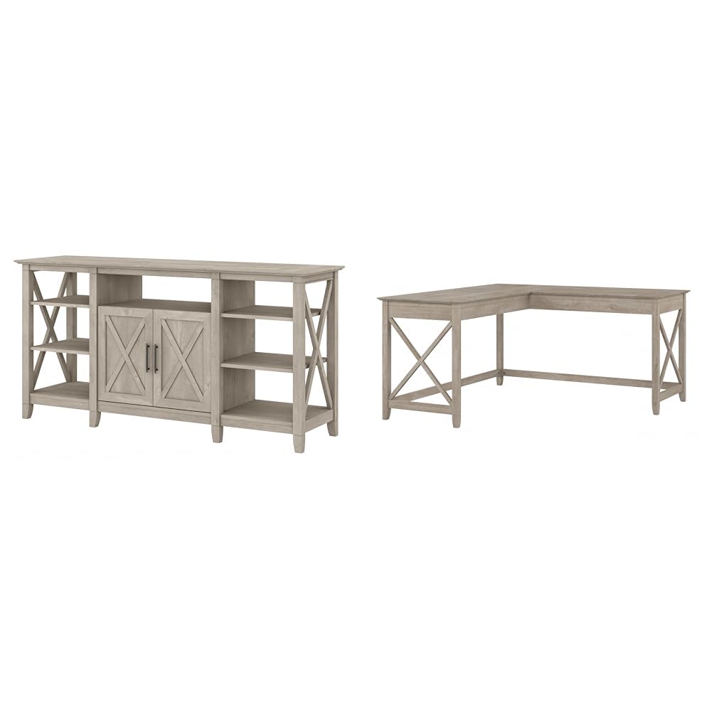 Bush Furniture Key West 65 Inch TV Stand and 60 Inch L Shaped Desk Bundle - WoodArtSupply