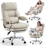 LEAGOO Office Chair with Foot Rest, Ergonomic Executive Office Chair with Arms, Reclining High Back PU Leather Comfy Swivel Computer Desk Chairs with Wheels and Lumbar Support for Home Office, Cream LEAGOO