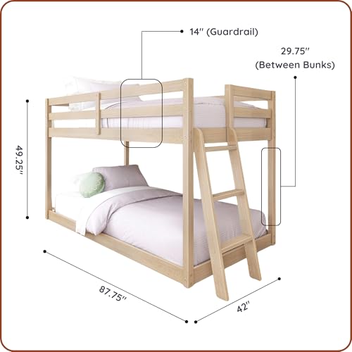 Grain & Grove Bear Twin Over Twin Bunk Bed, Low Bunk Bed Frame for Kids, Bunk with Ladder, Guardrail and Slats, No Box Spring Required, Oak Embossed Natural Grain & Grove