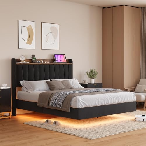 GarveeHome Floating Bed Frame Full with LED Lights & USB Charging Station – Modern Upholstered Platform Bed with Headboard, Solid Wood Slats Support, No Box Spring, Easy Assembly, Noise-Free, Black GarveeHome