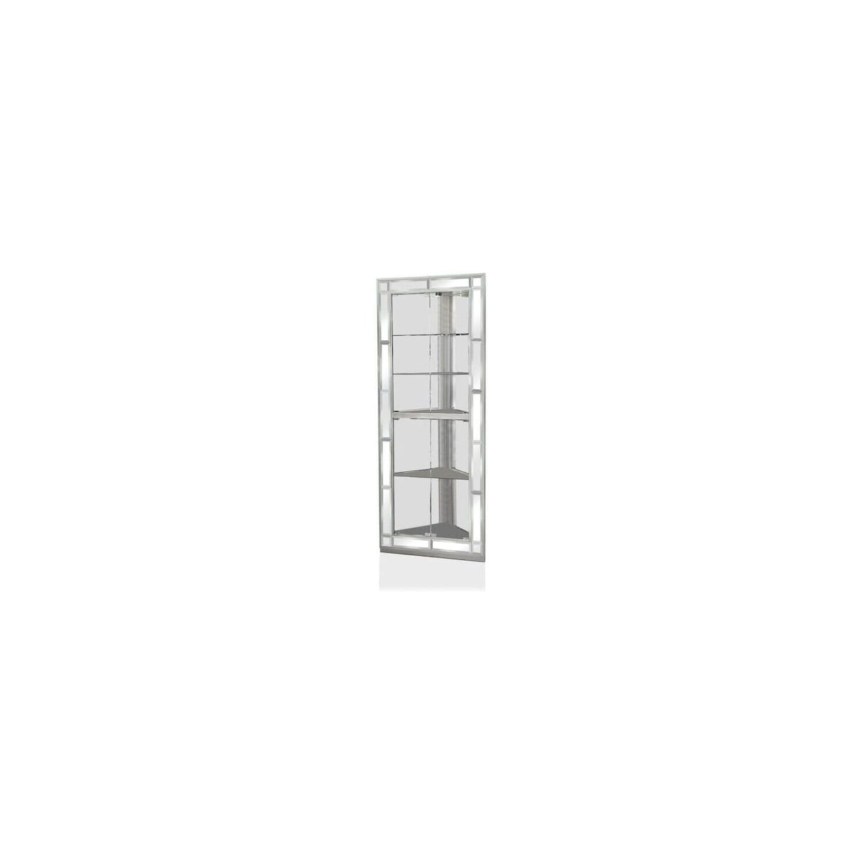 Benjara Wood and Glass Corner Curio Cabinet with Five Shelves, Silver Benzara