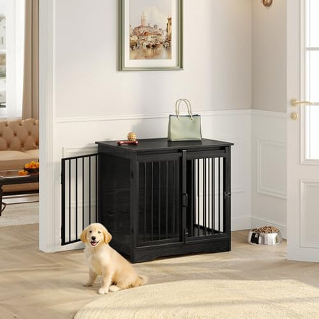 Hzuaneri 27.2" Dog Crate Furniture with Barn Door, Heavy Duty Dog Kennel Indoor with 2 Doors, Wooden Pet Cage End Table for Small Medium Dogs up to 22 lb, Anti-Chew Anti-Escape, Black DFC84304B Hzuaneri