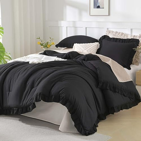 Andency Black Queen Comforter Set, 3 Pieces Farmhouse Shabby Chic Bedding Comforter & Sets for Queen Bed, Soft Lightweight Fluffy All Season Down Alternative Bed Set for Men Women Andency