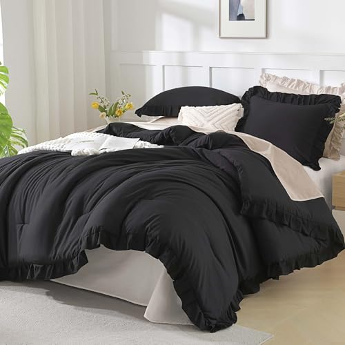 Andency Twin Size Comforter Set Black, 2 Pieces Kids Bedding Comforter Set for Twin Bed, Ruffle Farmhouse Shabby Chic Soft Microfiber Bed Set for Boys Andency