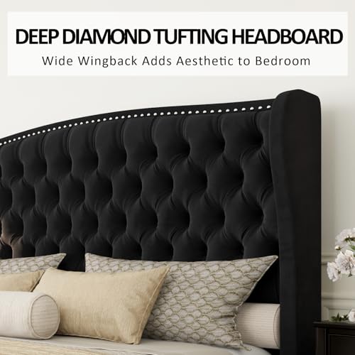 AMERLIFE Queen Size Platform Bed Frame, Velvet Upholstered Bed with Deep Button Tufted & Nailhead Trim Wingback Headboard/No Box Spring Needed/Black AMERLIFE