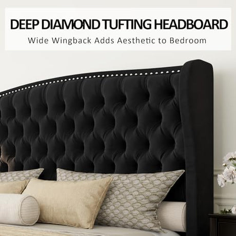 AMERLIFE Queen Size Platform Bed Frame, Velvet Upholstered Bed with Deep Button Tufted & Nailhead Trim Wingback Headboard/No Box Spring Needed/Black AMERLIFE
