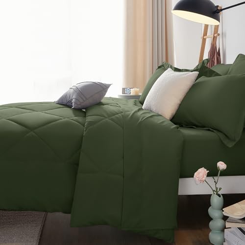 CozyLux Queen Comforter Set Olive Green - Bed in a Bag Queen Size 7 Pieces, Luxury Soft Bed Set for All Seasons, Bedding Set with Down Alternative Comforter, Sheets, Pillowcases & Shams CozyLux