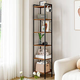 Hzuaneri 6-Tier Rustic Brown Industrial Bookshelf with Hooks for Space-Saving Storage Hzuaneri