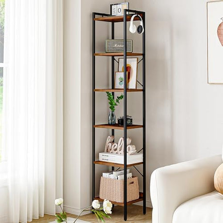 Hzuaneri 6-Tier Rustic Brown Industrial Bookshelf with Hooks for Space-Saving Storage Hzuaneri
