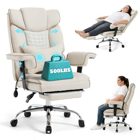 Comermax Massage Office Chair with Foot Rest, Wide Seat Heavy Duty Comfy Home Office Desk Chair, 500lbs Big Tall Reclining Office Chairs for Heavy People, White Comermax