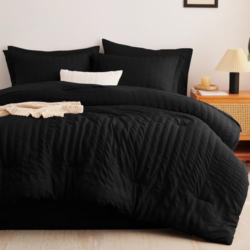 CozyLux Twin XL Comforter Set with Sheets Seersucker Black 5 Pieces Bed in a Bag, Twin Extra Long Luxury Soft Bedding Sets for College Dorm with Down Alternative Comforter, Sheets, Pillowcase & Sham CozyLux