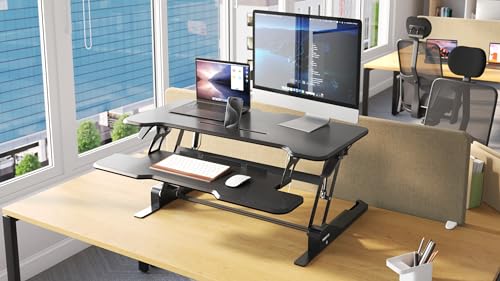Mount-It! 38" Standing Desk Converter, Desktop Sit-Stand Desk Riser with Gas Spring Height Adjustment, Compact Desk Topper for Dual Monitors or Laptop, Keyboard Tray, Black Mount-It!