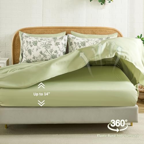 Luxudecor Floral Queen Comforter Set 7 Pieces Bed in a Bag, Sage Green Flower with Bird Bedding Set, Soft Reversible Comforter with Sheet Set 90"x90" Luxudecor