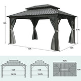 YITAHOME 12x16ft Hardtop Gazebo with Nettings and Curtains, Heavy Duty Double Roof Galvanized Steel Outdoor Combined of Vertical Stripes Roof for Patio, Backyard, Deck, Lawns, Gray YITAHOME