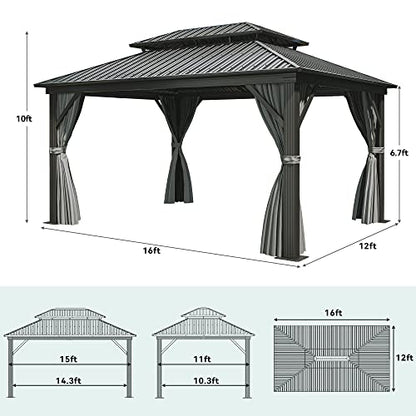 YITAHOME 12x16ft Hardtop Gazebo with Nettings and Curtains, Heavy Duty Double Roof Galvanized Steel Outdoor Combined of Vertical Stripes Roof for Patio, Backyard, Deck, Lawns, Gray - WoodArtSupply