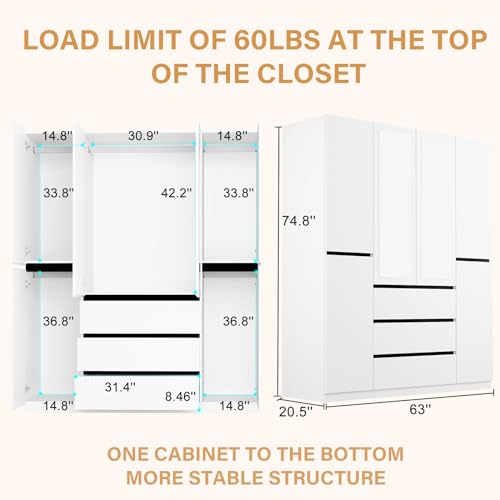 Wakefit 6 Door Armoire Wardrobe Closet with Large 3 Drawers & 2 Mirror, Wooden Bedroom Armoires with Shelves and Hanging Rod, Freestanding Wardrobe Cabinet for Bedroom, Guest Room (White) Wakefit