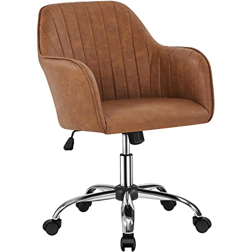 Yaheetech Modern Faux Leather Desk Chair Makeup Chair Height Adjustable Swivel Office Task Computer Armchair for Living Room Retro Brown Yaheetech