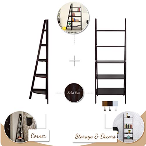 Casual Home Espresso 5-Shelf Corner Ladder Bookcase for Stylish Storage - WoodArtSupply