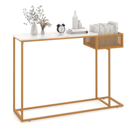 Giantex Narrow Console Table with Storage - Gold Sofa Table with Storage Basket, Sturdy Metal Frame, Modern Entryway Table, Entry Table for Living Room, Hallway, Corridor, Foyer Table, Gold & White Giantex