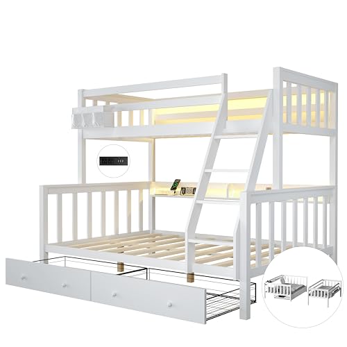 FJTJBSI Solid Wood Bunk Bed with Charging Station and LED Lights Detachable Bunk Bed Twin Over Twin with 2 Storage Drawers Full Size Bed Frame with Guardrail and Ladder for Kids Adults Bedroom FJTJBSI
