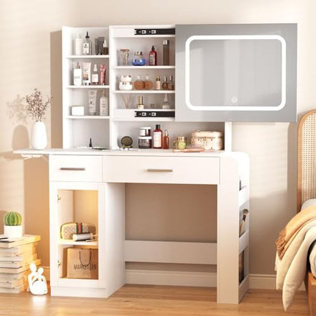 Vabches Vanity Desk with Mirror and Lights, Makeup Vanity with Charging Station, Vanity Table with Drawers, Shelves and Large Storage Cabinet for Home and Bedroom Vabches