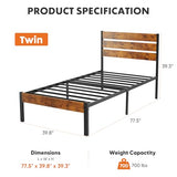 Sweetcrispy Twin Size Metal Platform Bed Frame - Mattress Foundation with Headboard and and Footboard, No Box Spring Needed with 700LBS Sturdy Wooden Slats Support, Noise Free, Easy Assembly Sweetcrispy