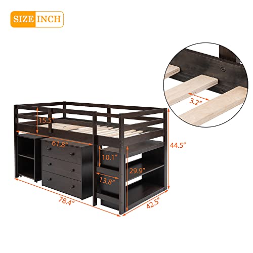 Harper & Bright Designs Twin Size Low Loft Bed with Rolling Portable Desk and Storage Cabinet, Wooden Low Study Loft Bed with Drawers, for Kids Teens Girls Boys - Espresso Harper & Bright Designs